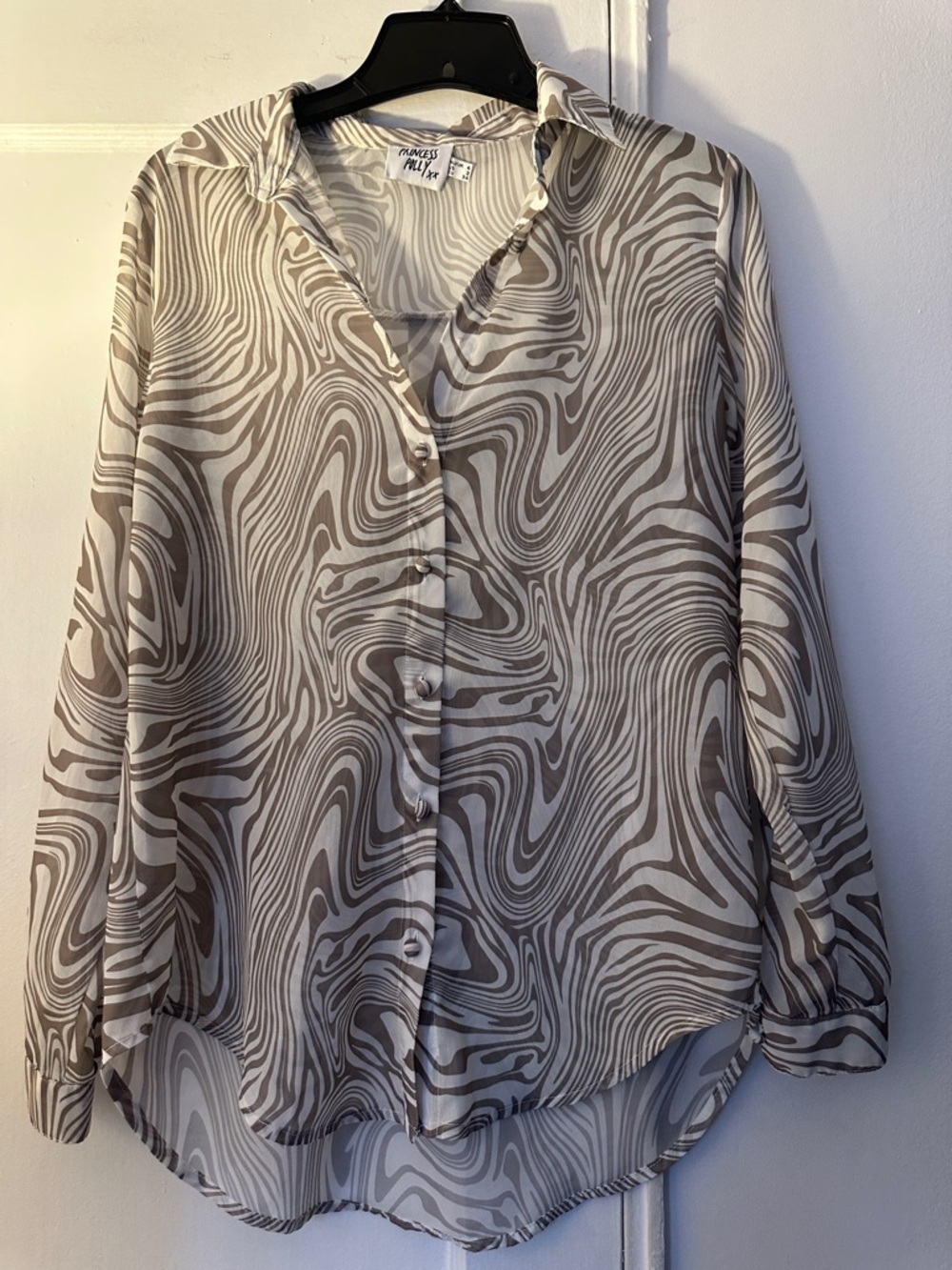 Princess Polly Cream & Tan Sheers Swirl Button-Down Shirt - Preloved